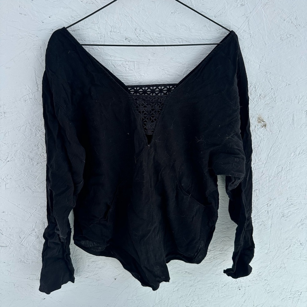 Free People Black Crochet Detail Linen Blouse